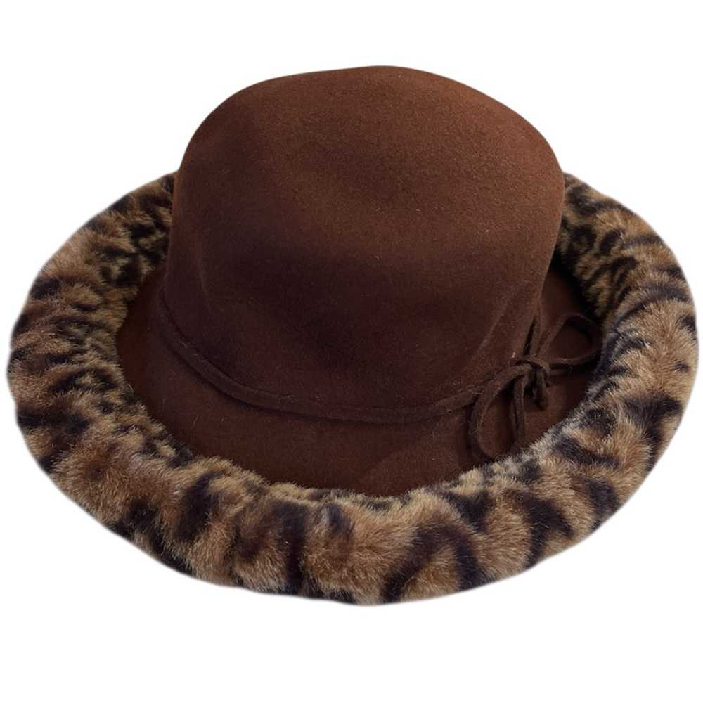 Vintage Fall Wool Brown Hat w/Animal Faux Fur Print Trim - Picture 1 of 13